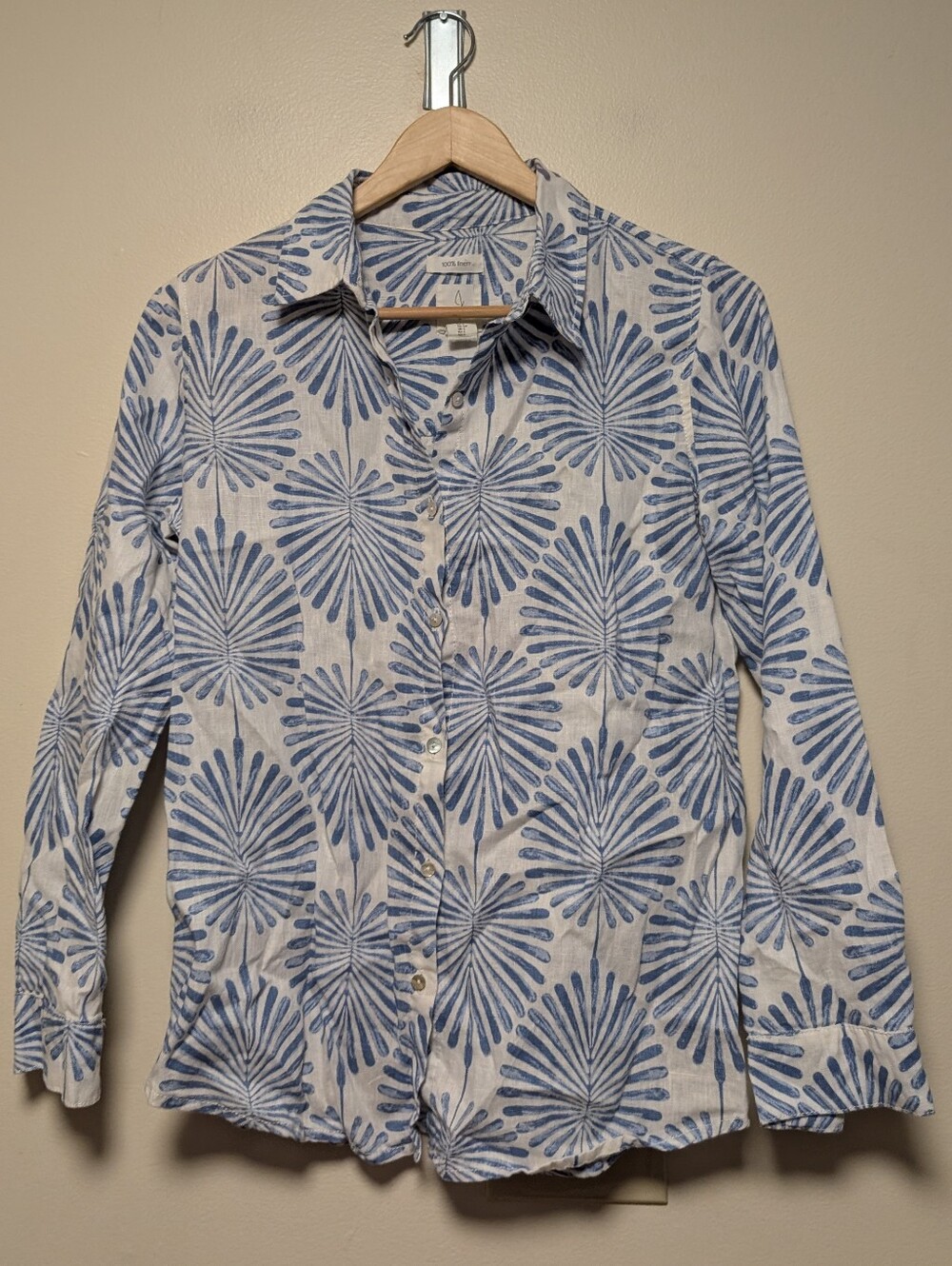 Joie 100% Linen Blue White Print Button Down Shirt Small Oversized Coastal